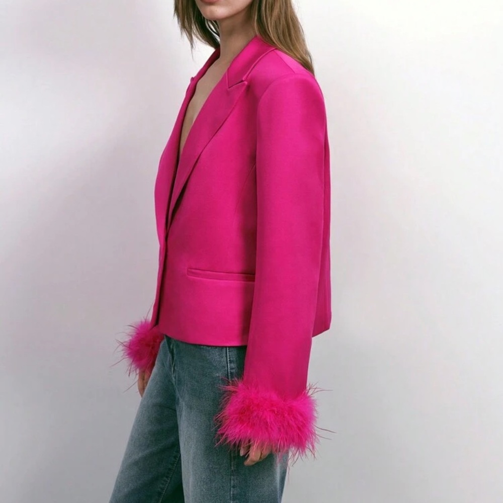 Vibrant Pink Blazer with Feather Cuffs - Picture 6 of 6